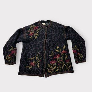 Vintage 1990s black/purple whimsy goth abstract swirl print wool sweater jacket